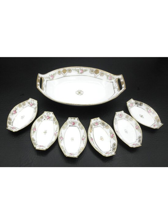 Nippon Other - Antique Nippon Hand Painted Relish Dish With 6 Matching Salt Dishes Gold Accents